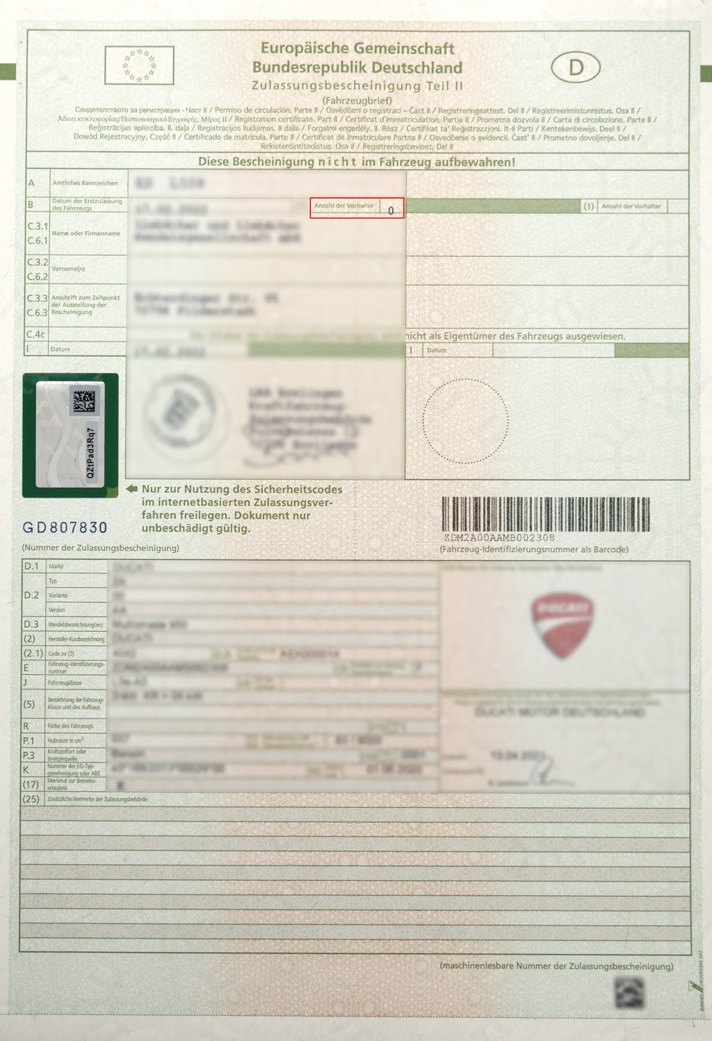 Previous owner in the vehicle registration document
