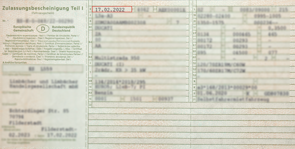 First registration in the vehicle registration document