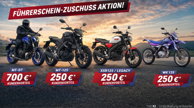Aufreihung der MT-07, MT-125 und XSR125 und WR 125 symbolisch für den Yamaha Führerschein-Zuschuss
